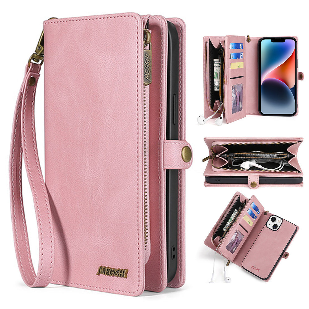 MEGSHI 017 Series For iPhone 14 Plus Magnetic Absorption Zippered Wallet Cover Anti-fall Detachable Leather Case with Handy Strap MEGSHI 017 Series For iPhone 14 Plus Magnetic Absorption Zippered Wallet Cover Anti-fall Detachable Leather Case with Handy Strap